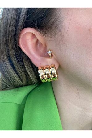 3 Sıra Halka Altın Kaplama Küpe Çifti