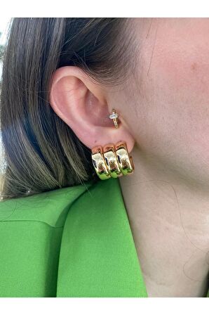 3 Sıra Halka Altın Kaplama Küpe Çifti