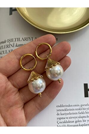 Vintage İri İncili Çelik Kararmaz Altın Kaplama Küpe Çifti