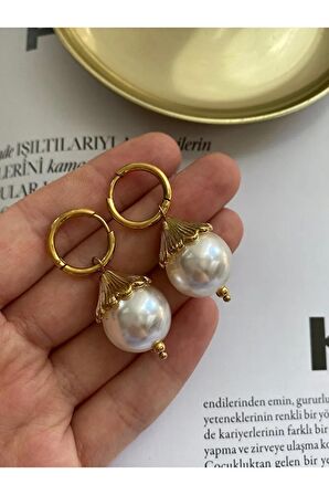 Vintage İri İncili Çelik Kararmaz Altın Kaplama Küpe Çifti