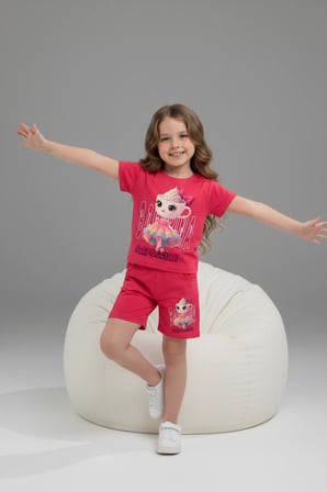 PJKSKT Ballerina Cappucino Desenli Şortlu Kız Çocuk Kısa Kol Takım 6574