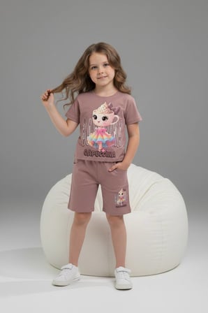 PJKSKT Ballerina Cappucino Desenli Şortlu Kız Çocuk Kısa Kol Takım 6574