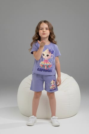 PJKSKT Ballerina Cappucino Desenli Şortlu Kız Çocuk Kısa Kol Takım 6574