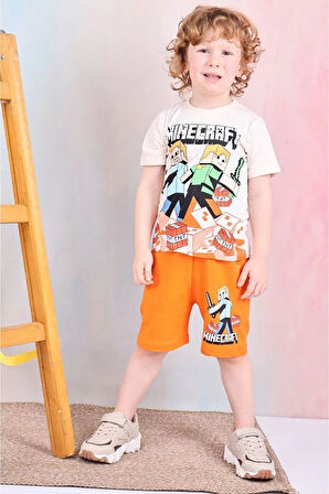 PJKSKT Minec Desenli Turuncu Şortlu Erkek Çocuk Kısa Kol Takım 7525-T