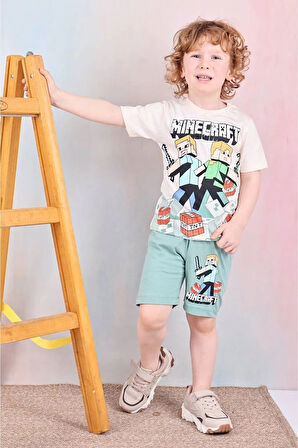 PJKSKT Minec Desenli Yeşil Şortlu Erkek Çocuk Kısa Kol Takım 7525-Y
