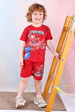 PJKSKT Örümcek Adam Desenli Kırmızı Şortlu Erkek Çocuk Kısa Kol Takım 7526-K