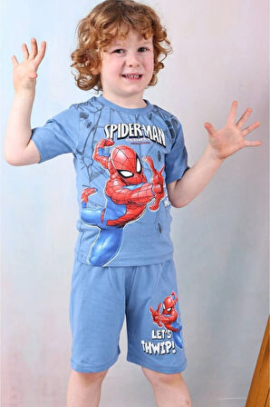 PJKSKT Örümcek Adam Desenli Mavi Şortlu Erkek Çocuk Kısa Kol Takım 7526-M