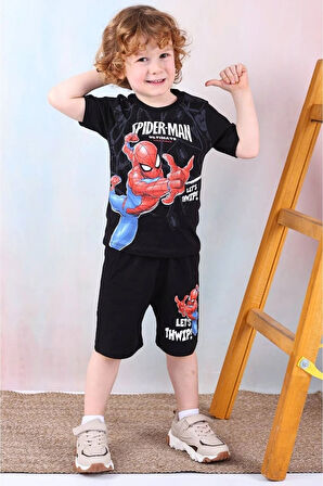PJKSKT Örümcek Adam Desenli Siyah Şortlu Erkek Çocuk Kısa Kol Takım 7526-S