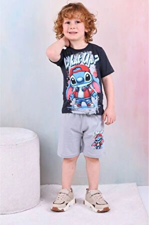 PJKSKT Stitch What Up Desenli Gri Şortlu Erkek Çocuk Kısa Kol Takım 7528-G