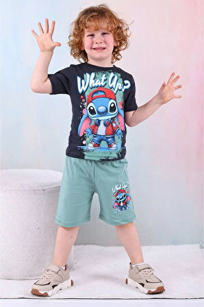 PJKSKT Stitch What Up Desenli Yeşil Şortlu Erkek Çocuk Kısa Kol Takım 7528-Y