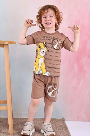 PJKSKT Lion King Desenli Kahverengi Şortlu Erkek Çocuk Kısa Kol Takım 7530-K