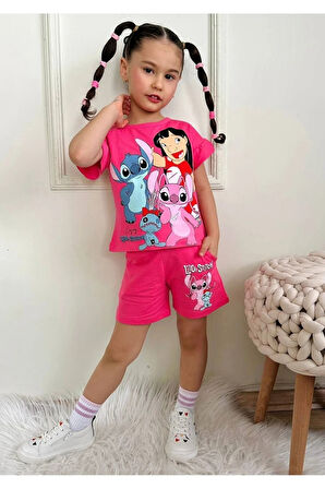 PJKSKT Stitch Desenli Fuşya Şortlu Kız Çocuk Kısa Kol Takım 7534-F