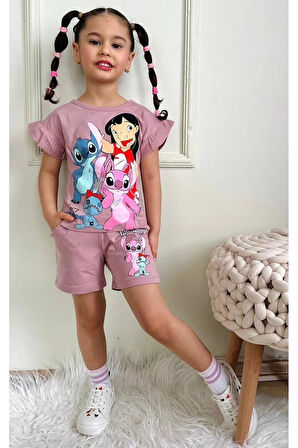 PJKSKT Stitch Desenli Gül Kurusu Şortlu Kız Çocuk Kısa Kol Takım 7534-GK