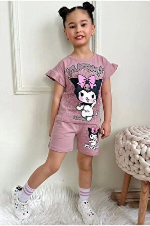 PJKSKT Kuromi Desenli Gül Kurusu Şortlu Kız Çocuk Kısa Kol Takım 7535-GK
