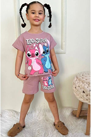 PJKSKT Stitch Desenli Gül Kurusu Şortlu Kız Çocuk Kısa Kol Takım 7537-GK