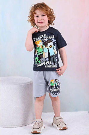 PJKSKT Minec Desenli Gri Şortlu Erkek Çocuk Kısa Kol Takım 7547-G