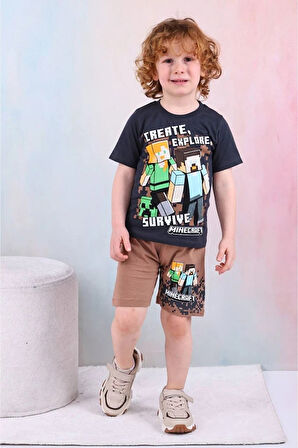 PJKSKT Minec Desenli Kahverengi Şortlu Erkek Çocuk Kısa Kol Takım 7547-K
