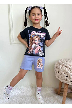PJKSKT Creamy Desenli Lila Şortlu Kız Çocuk Kısa Kol Takım 7549-L