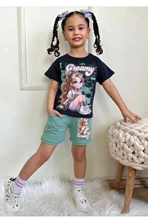 PJKSKT Creamy Desenli Yeşil Şortlu Kız Çocuk Kısa Kol Takım 7549-Y
