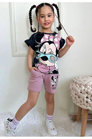 PJKSKT Minnie Mause Desenli Gül Kurusu Şortlu Kız Çocuk Kısa Kol Takım 7551-GK