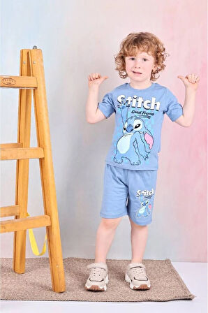 PJKSKT Stitch Desenli Mavi Şortlu Erkek Çocuk Kısa Kol Takım 7563-M
