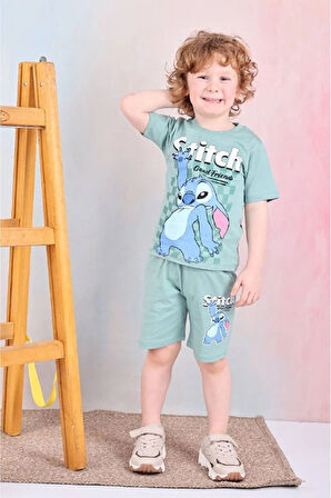 PJKSKT Stitch Desenli Yeşil Şortlu Erkek Çocuk Kısa Kol Takım 7563-Y
