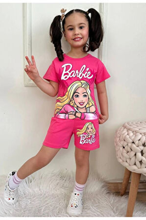 PJKSKT Barbie Desenli Fuşya Şortlu Kız Çocuk Kısa Kol Takım 7565-F