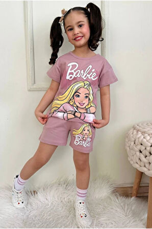 PJKSKT Barbie Desenli Gül Kurusu Şortlu Kız Çocuk Kısa Kol Takım 7565-GK