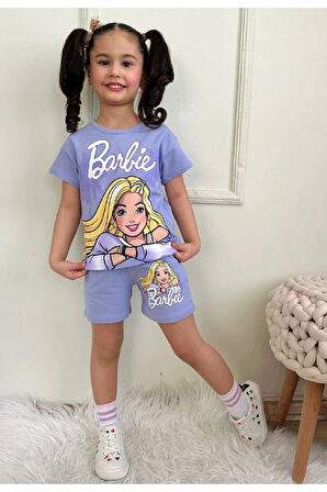 PJKSKT Barbie Desenli Lila Şortlu Kız Çocuk Kısa Kol Takım 7565-L