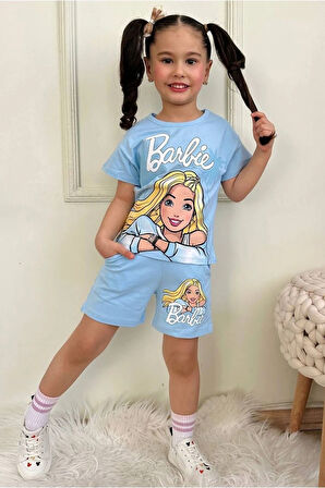 PJKSKT Barbie Desenli Mavi Şortlu Kız Çocuk Kısa Kol Takım 7565-M