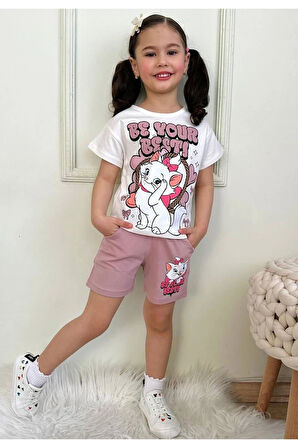 PJKSKT Sevimli Kedicik Desenli Gül Kurusu Şortlu Kız Çocuk Kısa Kol Takım 7566-GK