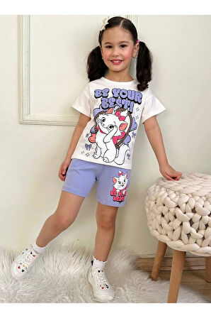 PJKSKT Sevimli Kedicik Desenli Lila Şortlu Kız Çocuk Kısa Kol Takım 7566-L