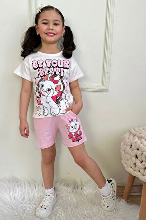 PJKSKT Sevimli Kedicik Desenli Pembe Şortlu Kız Çocuk Kısa Kol Takım 7566-P