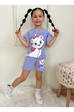 PJKSKT Sevimli Kedicik Desenli Lila Şortlu Kız Çocuk Kısa Kol Takım 7568-L