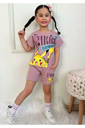 PJKSKT Pikachu Desenli Gül Kurusu Şortlu Kız Çocuk Kısa Kol Takım 7569-GK