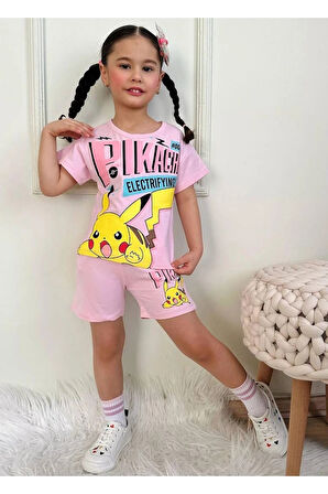 PJKSKT Pikachu Desenli Pembe Şortlu Kız Çocuk Kısa Kol Takım 7569-P