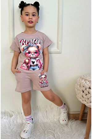 PJKSKT Süslü Ayıcık Desenli Bej Şortlu Kız Çocuk Kısa Kol Takım 7573-B