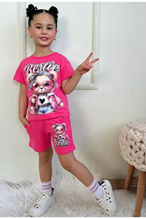 PJKSKT Süslü Ayıcık Desenli Fuşya Şortlu Kız Çocuk Kısa Kol Takım 7573-F