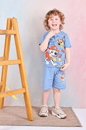 PJKSKT Paw Petrol Desenli Mavi Şortlu Erkek Çocuk Kısa Kol Takım 7581-M