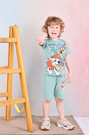 PJKSKT Paw Petrol Desenli Yeşil Şortlu Erkek Çocuk Kısa Kol Takım 7581-Y