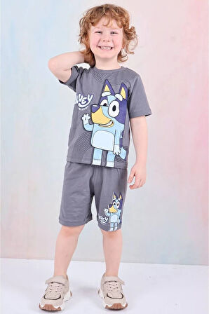 PJKSKT Bluey Desenli Füme Şortlu Erkek Çocuk Kısa Kol Takım 7583-F
