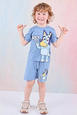 PJKSKT Bluey Desenli Mavi Şortlu Erkek Çocuk Kısa Kol Takım 7583-M