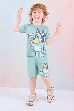 PJKSKT Bluey Desenli Yeşil Şortlu Erkek Çocuk Kısa Kol Takım 7583-Y