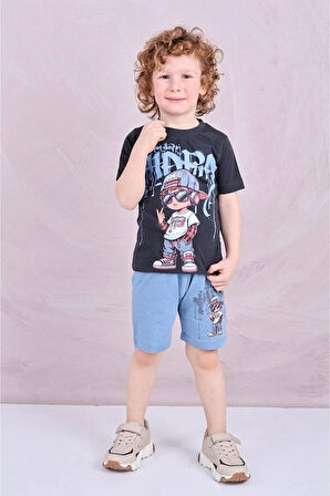 PJKSKT Rapçı Çocuk Desenli Mavi Şortlu Erkek Çocuk Kısa Kol Takım 7584-M