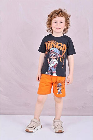 PJKSKT Rapçı Çocuk Desenli Turuncu Şortlu Erkek Çocuk Kısa Kol Takım 7584-T