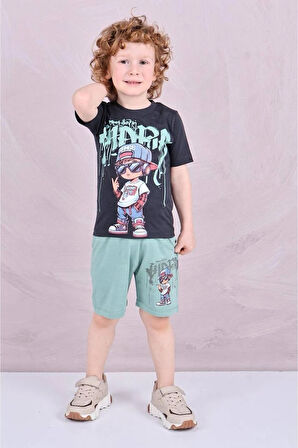 PJKSKT Rapçı Çocuk Desenli Yeşil Şortlu Erkek Çocuk Kısa Kol Takım 7584-Y