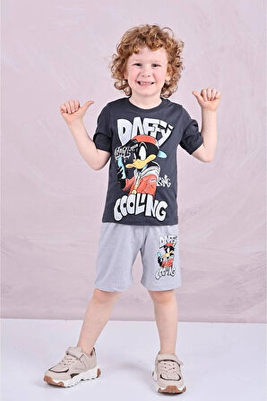PJKSKT Daffy Desenli Gri Şortlu Erkek Çocuk Kısa Kol Takım 7585-G