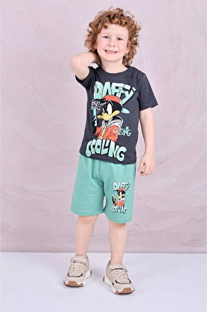 PJKSKT Daffy Desenli Yeşil Şortlu Erkek Çocuk Kısa Kol Takım 7585-Y