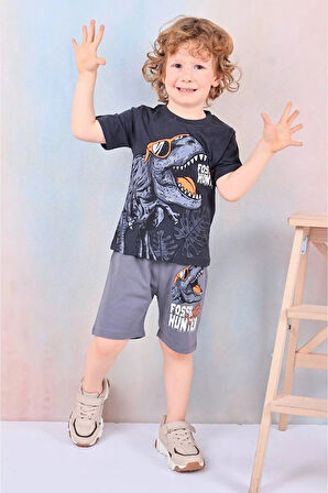 PJKSKT Dinozor Desenli Füme Şortlu Erkek Çocuk Kısa Kol Takım 7590-F