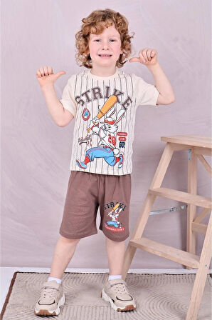 PJKSKT Tavşan Strike Desenli Kahverengi Şortlu Erkek Çocuk Kısa Kol Takım 7591-K